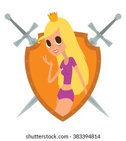 Vector image of a yellow frame in the shape of a shield with crossed swords and with cartoon image of a modern princess with long blond hair with a golden crown on her head on a white background. 