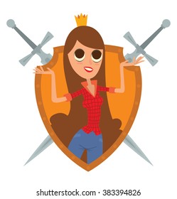 Vector image of a yellow frame in the shape of a shield with crossed swords and with cartoon image of a modern princess with long brown hair with a golden crown on her head on a white background. 