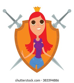 Vector image of a yellow frame in the shape of a shield with crossed swords and with cartoon image of a modern princess with long scarlet hair with a golden crown on her head on a white background. 