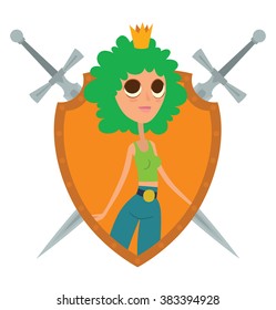 Vector image of a yellow frame in the shape of a shield with crossed swords and with cartoon image of a modern princess with curly green hair with a golden crown on her head on a white background. 