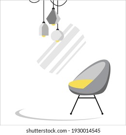 The vector image in yellow and gray is isolated on a white background. Part of the interior includes a chair, a mirror, a mat, paws suspended from above.