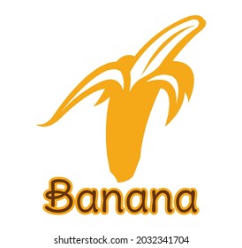 Vector image of a yellow half peeled banana and black writing with yellow outline.
