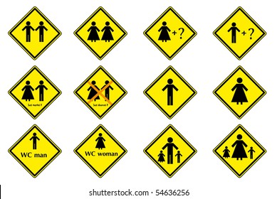 Vector image of yellow marks with man and female in different situation.