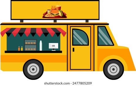 vector image. yellow mobile food truck complete with banner burger, coffee and monitor