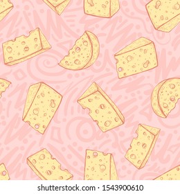 Vector image of yellow pieces of cheese on a patterned pinkoff background. Seamless background for design, wallpaper and wrapping paper.