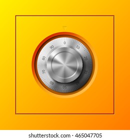 Vector Image of a yellow safe. Armored box background. The door of a bank vault with a combination lock. Reliable Data Protection. Longterm savings. Deposit box icon.Protection of personal information