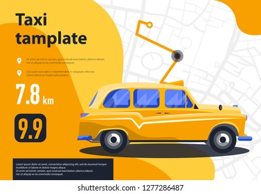 vector image of yellow taxi, on the background of the city map, the route of the car, the template for the website