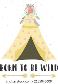 Vector image of a yellow wigwam in boho style with flowers, feathers, arrows and ornaments. Hand-drawn illustration by national American motifs for wild baby, cards, flyers, posters, prints, holiday