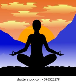 Vector image. The yoga pose. At sunset. In the mountains