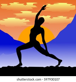 Vector image. The yoga pose. At sunset. In the mountains