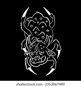 Vector image of a yokai in the form of a horned spider. White on black. Sketch, calligraphy, doodle, ink drawing, Japanese tradition. Legends, horrors, monsters, Halloween. Eps10