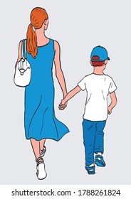 Vector image of yong mother and her little son walking on a stroll together