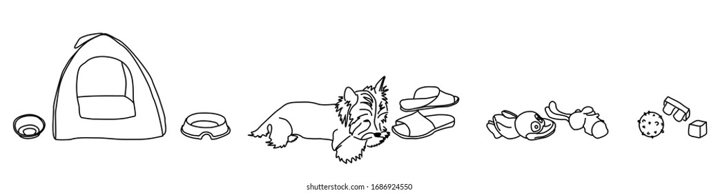 Vector image of yorkshire terrier, booth, bowl, slippers and toys. Border set of accessories for the dog.