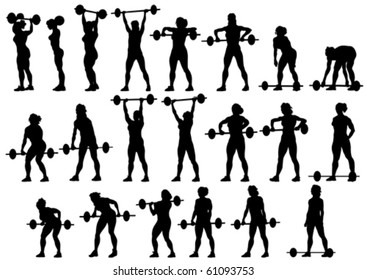 Vector image of young athletic women with a heavy barbell
