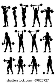 Vector image of young athletic women with a heavy barbell