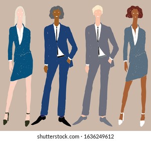 Vector image of young business people in classic costumes