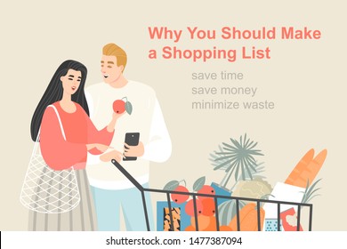 Vector image of a young couple shopping with a trolley. Reasons to shop on a list. Resource saving illustration