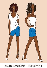 Vector image of young fashionable women in denim skirt and shorts