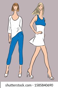 Vector image of young fashionable women in summer dress and jeans