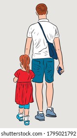 Imagen vectorial del padre joven con su hija paseando juntos el día de verano