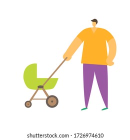 Vector image. Young father with a stroller.