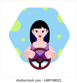 Vector image of a young girl driver with long black hair, wearing a lilac dress. Vector illustration. Clip art.