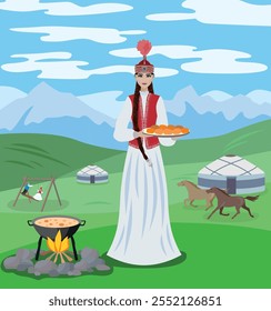 Vector image of a young girl in a Kazakh national costume with a plate in her hands against