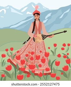  Vector image of a young girl in a Kazakh national costume with a dombra in her hands against