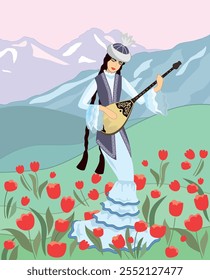  Vector image of a young girl in a Kazakh national costume with a dombra in her hands against