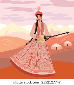  Vector image of a young girl in a Kazakh national costume with a dombra in her hands against