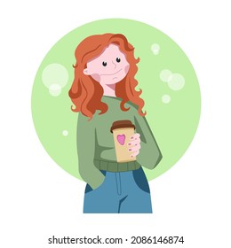 Vector image. a young girl with red hair holds a glass of coffee in her hands on a white background