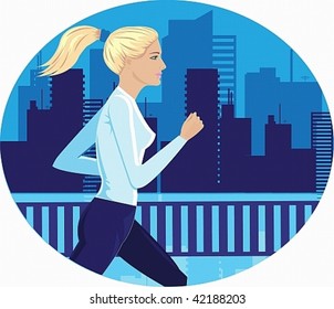 vector image of a young girl, she makes a jog on the background of the city