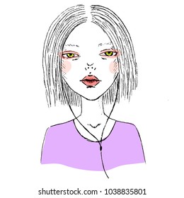 Vector image of a young girl with short white hair and headphones, green eyes and red lipstick, stylized drawing by hand, fashion Illustration