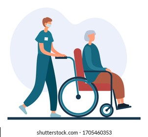 Vector Image Of Young Male Nurse In Protective Mask Pushing Wheelchair With Elderly Weak Female Patient Walking In Hospital On White Background