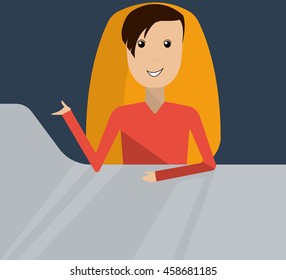 Vector image of a young man in a chair at the table, flat design