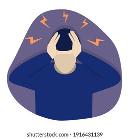 Vector image of a young man clutching his head. A headache tormenting a man. Personality bullying. A depressive person. Flat image.