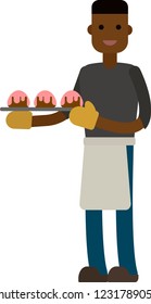 Vector image of young man holding tray of home made pastry. Flat design character. 