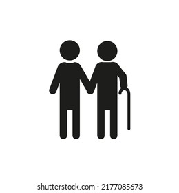 Vector image of a young man holding an old man's hand. An old man with a cane