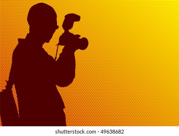 Imagen vectorial de un joven fotógrafo con equipo en el trabajo