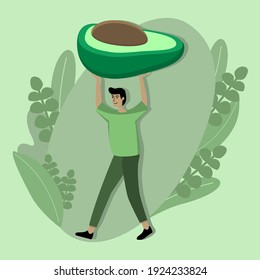 Vector image of a young man who chooses the right and healthy food. The guy is carrying an avocado. Eco illustration in green color. Flat image.