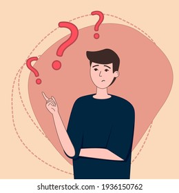 Imagen vectorial de un joven que se está preguntando. Ilustración plana que representa a una persona que duda de su elección.
