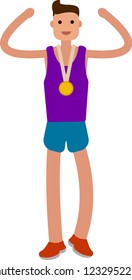 Vector image of young man winning marathon race. Flat design character.