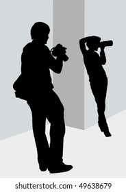 Imagen vectorial de los fotógrafos jóvenes y mujeres con equipo en el trabajo