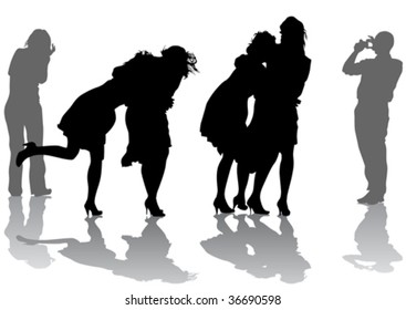 Vector image of young model and photographers with equipment at work