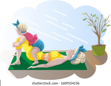 Vector image of a young mother with a baby doing household chores. Concept. Housewife plays sports with a child