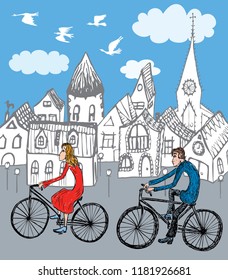 Vector image of young people biking around the city