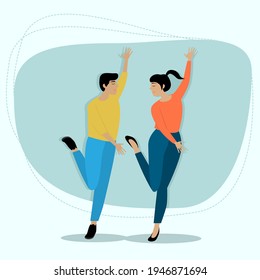 Vector image of young people dancing synchronously. A couple in love who enjoy dancing. Young people having fun.