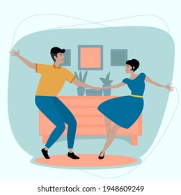 Imagen vectorial de los jóvenes bailando. Una pareja enamorada que baila en casa. Gente enamorada que disfruta de la presencia de los demás