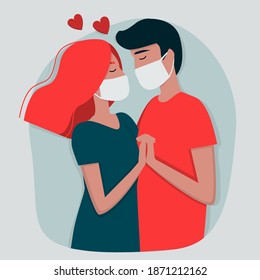 Imagen vectorial de los jóvenes enamorados durante la pandemia del coronavirus. Ilustración plana para el Día de San Valentín. Plantilla para postales, banners y sitios web.