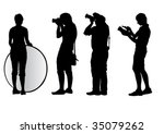Vector image of young photographers with equipment at work